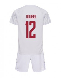 Danmark Kasper Dolberg #12 Replika Borta Kläder Barn VM 2022 Kortärmad (+ byxor)